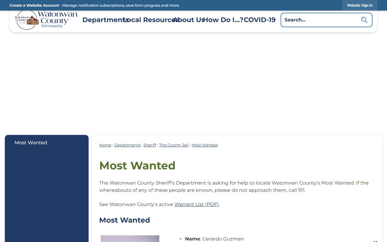 Watonwan County Most Wanted page with wanted-person photos