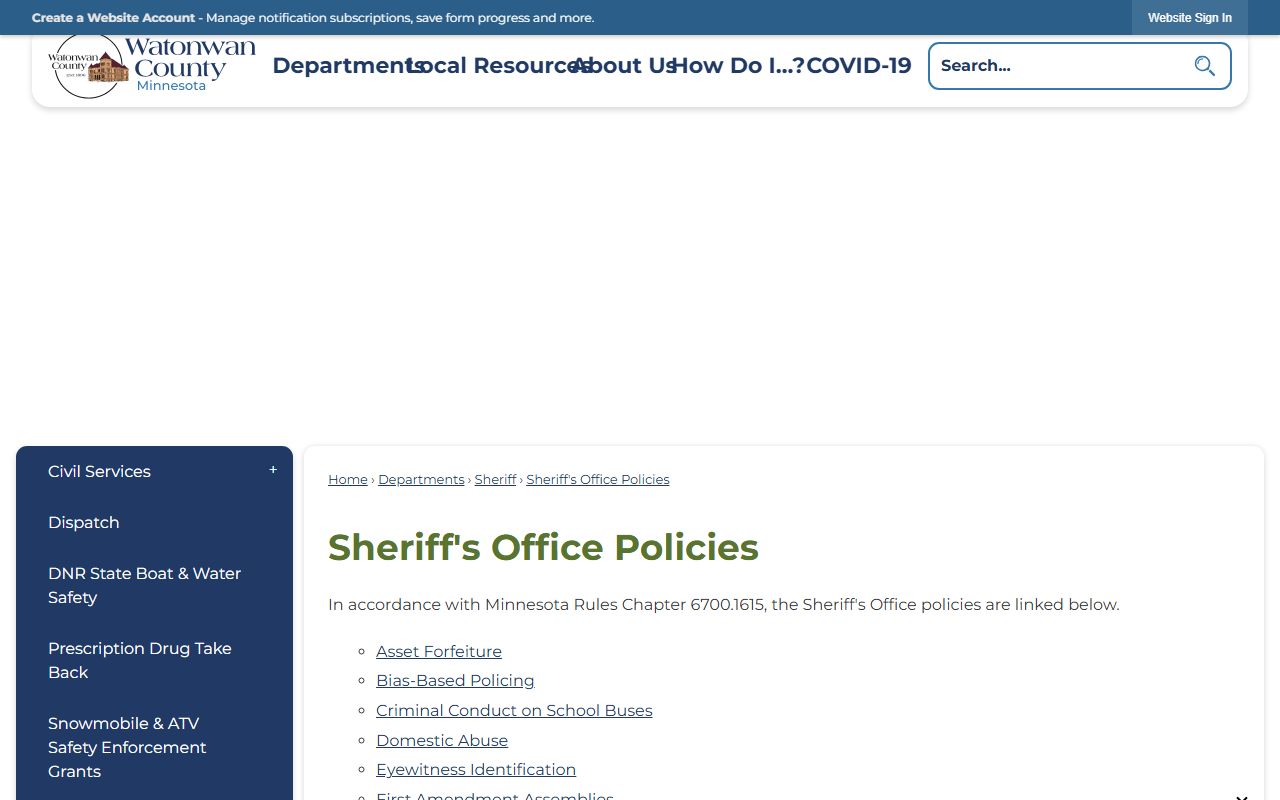 Watonwan County inmate records sheriff policies page